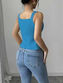 Camiseta sin mangas de un solo pecho de unicolor casual para mujer - Azul 2 - Ver 2