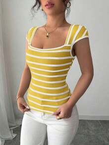 Camiseta de punto de rayas ajustada, estilo minimalista francés, top casual de manga corta, ideal para fiestas, primavera/verano - Amarillo - Ver 5