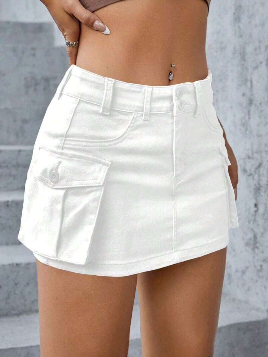 Minifalda de tela vaquera de tiro bajo, de moda para el verano - Blanco - Ver 1