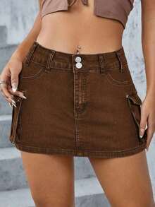Minifalda de tela vaquera de tiro bajo, de moda para el verano - Óxido marrón - Ver 5