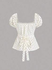 Sweetro Blusa de mujer con cuello en V, manga de pétalos y lunares blancos, estilo francés para primavera/verano - Albaricoque 2 - Ver 5