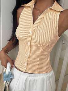 Camisa informal sin mangas con botones delanteros, de tejido negro, para verano - Amarillo - Ver 1