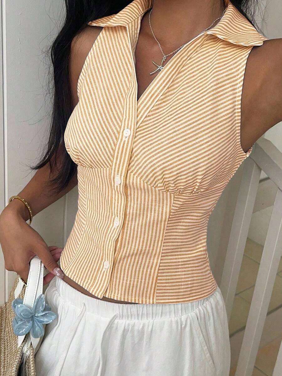 Camisa informal sin mangas con botones delanteros, de tejido negro, para verano - Amarillo - Ver 1