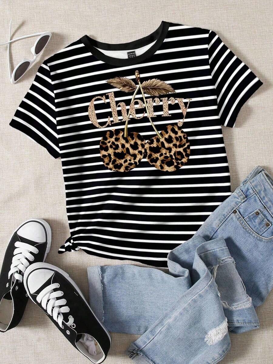 Camiseta de manga corta y cuello redondo holgada con estampado de rayas y cerezas en estilo casual y minimalista, apta para el verano - Multicolor 4 - Ver 1