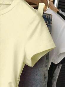 Camiseta casual de cuello redondo de manga corta y unicolor para mujer en verano - Amarillo - Ver 4