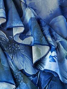 Vestido largo con abertura alta, cuello en V y volantes, con estampado de teñido anudado, vestidos de verano para mujer, vestidos en tonos pastel, vestido de fiesta, atuendo de fiesta, vestido de playa, atuendos de playa para mujer, vestidos ele - Azul - Ver 4