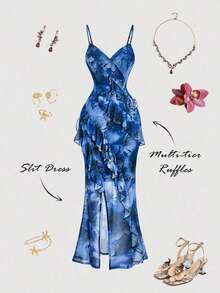 Vestido largo con abertura alta, cuello en V y volantes, con estampado de teñido anudado, vestidos de verano para mujer, vestidos en tonos pastel, vestido de fiesta, atuendo de fiesta, vestido de playa, atuendos de playa para mujer, vestidos ele - Azul - Ver 6