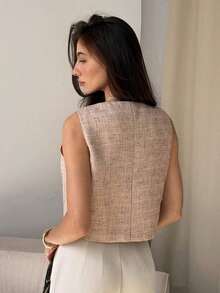 Chaqueta ajustada sin mangas de cuello redondo de unicolor para mujer, primavera y verano - Rosa - Ver 2