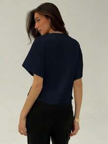 Camisa blanca sólida con mangas de murciélago, doble botonadura y frente abierto elegante - Azul marino - Ver 2