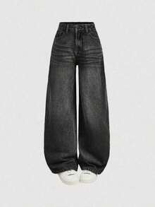 Girlism Pantalones vaqueros anchos y holgados estilo vintage Y2K, pantalones de mezclilla de pierna ancha, ropa de calle Harajuku , estilo retro de los años 2000, para adolescentes, primavera y vuelta al colegio - Negro - Ver 5