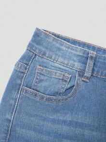 Explorewe Jeans de mezclilla estilo Y2K versátiles lavados y desgastados con pierna acampanada y elásticos para niñas adolescentes - Azul lavado medio 4 - Ver 4