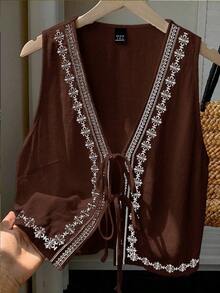 2026 Nuevo Top sin mangas con cuello en V, lazo delantero y bordado floral para mujer, ideal para vacaciones en la playa, uso casual, estilo Y2K de los 2000, primavera, graduación, fiesta de boda, vacaciones elegantes, San Valentín, carnaval, - Marrón - Ver 3