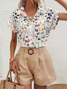 Blusa de estilo minimalista casual con estampado de lunares blancos y patrón de monedas vintage, adecuada para primavera/verano, versátil - Multicolor 2 - Ver 5