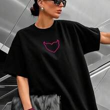 Camiseta de manga corta de verano europea y americana con estampado de corazón de diablo, estilo americano, rejuvenecedora y estilizante, cuello redondo, top versátil, capa base a la moda. - Negro - Ver 3