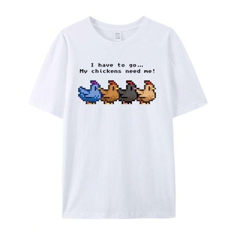 Camiseta de Cuello Redondo Verano 2026, Diseño de Pollito de , Unisex, Corte Holgado, Versátil, Manga Corta - Blanco - Ver 1