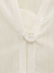 Blusa elegante de mujer con cuello en V, abotonada, de manga larga, con decoración laminada, color liso, Primavera 2025 - Blanco - Ver 8