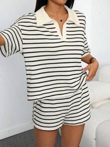 PETITE Conjunto de 2 piezas para mujer con camiseta de manga larga de hombros caídos y cuello en V holgada a rayas y pantalones elásticos a la cintura a rayas, conjunto de suéter de invierno, conjunto de salón a rayas de otoño/invierno de 2 piezas para mujer, conjunto casual de 2 piezas a rayas, conjunto cómodo de 2 piezas - Blanco y Negro - Ver 7