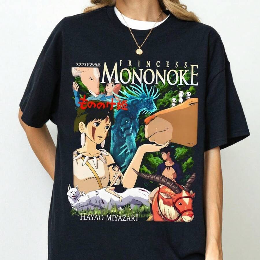Vintage T Shirts Vintage Princess Mononoke Shirt,  Anime Tee, San and Ashitaka Tshirt Boyfriend Gift - Svart - Visa 1