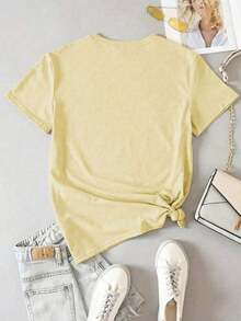 Women's Short Sleeve T-Shirt With Round Neck And Beach Sun Embroidery - 黃色 - 查看 2