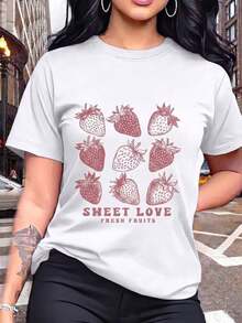 Camiseta Casual de Mujer con Estampado de Fresas, Camiseta de Manga Corta con Cuello Redondo y Estampado de Frutas Frescas, Top Regular de Poliéster con Ligera Elasticidad - Blanco - Ver 2
