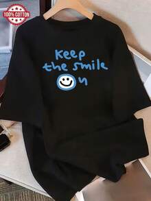 Women's Casual Short Sleeve T-Shirt - 100% Cotton, Loose Fit, Crew Neck, With "Keep The Smile" Print And Cheerful Face Design - Black With Blue Lettering - Machine Washable, Summer Everyday Wear, Women's T-Shirts, All-Season Top, Fun Design, Comfortable Fabric, Relaxed Fit, Stylish And Breathable Material, Elegant Blouse, Y2k T-Shirt For Fashion Lovers - 黑色 - 查看 2