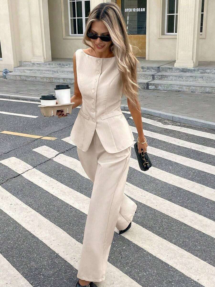 Set de 2 piezas de traje casual de mujer con chaleco de un solo botonadura y pantalones de unicolor - Albaricoque - Ver 1