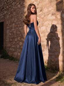 Vestido de noche elegante de mujer con fruncidos y abertura alta - Vestido formal de primavera/verano, adecuado para bodas, galas, alfombras rojas, fiestas, invitados de boda, fiesta de vacaciones de verano - Azul marino - Ver 2