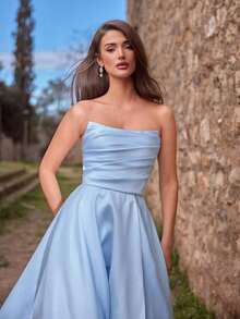 Vestido de noche elegante de mujer con fruncidos y abertura alta - Vestido formal de primavera/verano, adecuado para bodas, galas, alfombras rojas, fiestas, invitados de boda, fiesta de vacaciones de verano - Celeste - Ver 8