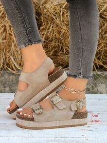 Giày sandal nữ điều chỉnh được kiểu đan rơm, quai đôi có khóa cài phía sau, hở mũi, đế dày, giày casual mùa hè, sandal đế dày, kiểu dáng đi nghỉ mát. - Màu kaki nhung - Xem 8
