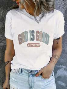 Camiseta con Estampado de Letras y Cuello Redondo, Camiseta Casual de Manga Corta para Primavera y Verano, Ropa de Mujer - Blanco - Ver 1