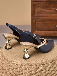WHDXY Navy Blue Pointed Toe Backless High Heel Shoes, Metal Buckle Asymmetric Heel Sandals, Suitable For Suits/Dresses Daily Wear - Navy Blue - View 3