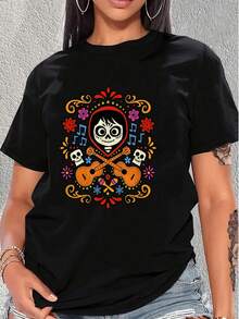 Skull Surrounded By Guitars, Flowers, Musical Notes, And Small Skulls Symbolizing Joy, Remembering Loved Ones With A Festive Touch. Comfortable And Modern Women's T-Shirt For Casual Wear. - Black - View 6