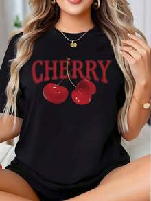 1 Fashionable Casual T-Shirt For Men And Women With Cherry Print, Casual Short Sleeve T-Shirt For Women, Summer Clothes With Fruit Design, It Is A Perfect T-Shirt To Give To Friends And Family On Any Holiday Or Special Occasion, Versatile, Easy To Match, Suitable For Daily Wear, Urban Style, Holiday Clothes, Weekend Wear. - 黑色 - 查看 8