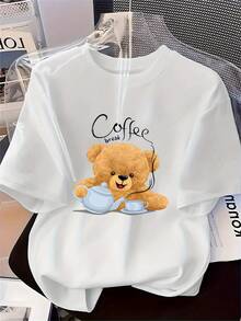 Fashionable, Heavyweight Women's T-Shirt With A Circle Print, Featuring A Coffee Bear Design, A Round Neck, And Short Sleeves. Soft And Breathable, Suitable For Everyday Wear. Great Gift Idea. - 白色 - 查看 1