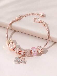 1 pieza Pulsera de Dije para Mujer de Uso Diario, Cadena de Serpiente de San Valentín, Colgante de Corazón y Mariposa con Cristales, Romántica en Color Oro Rosa - Multicolor - Ver 5