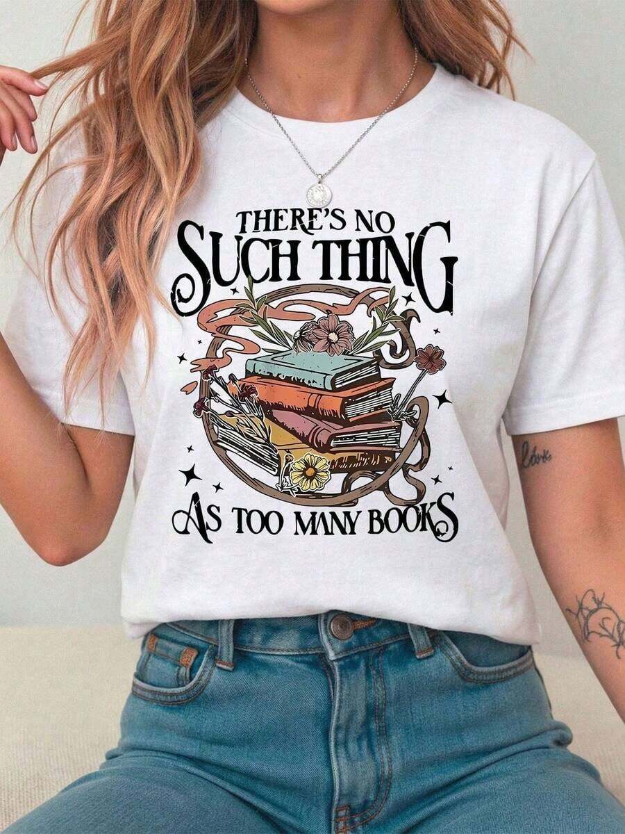 Cute, Fun, And Comfortable Vintage Short-Sleeved T-Shirt With A Book And Flower Print And Cartoon Lettering For Book Lovers. This Women's T-Shirt Is Suitable For Various Occasions, Such As Festival Gifts, Birthdays, Music Festivals, Casual Wear, And Beach Vacations. Simple Yet Stylish, It's Perfect For Everyday Wear For Women And Girls. - 白色 - 查看 1