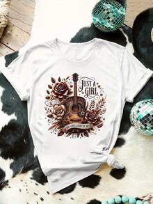 Graphic T-Shirt For Country Music Lovers - A Country Music Floral Print With Guitar, Round Neck And Short Sleeves, Soft And Stretchy For Summer And Spring, Women's Casual Clothing - 白色 - 查看 3