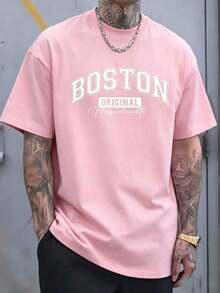 Original Design Men's T-Shirt 100% Cotton | Short-Sleeved, Crew-Neck T-Shirt, Soft And Breathable, With A Striking "Boston" Print, Suitable For All Seasons, Making It An Ideal Choice For Casual Wear And Holidays Such As Christmas, Easter, Halloween And Thanksgiving. - 粉色 - 查看 12