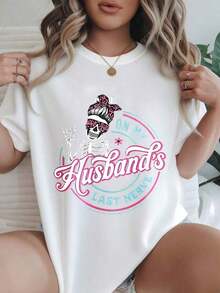 Camiseta Casual Vintage de Manga Corta para Mujer - Calavera con Cabello Rosa y Flor en el Último Nervio de Mi Esposo, Cuello Redondo, Top de Verano, Lavable a Máquina, Camisetas para Damas, Ropa Casual, Estilo Moderno, Ajuste Cómodo  
 BlackFashion - Blanco - Ver 7