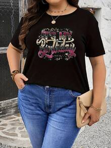 Camiseta Casual de Cuello Redondo para Mujer Talla - Tejido Suave de Mezcla de Poliéster, Estampado, Manga Corta, Largo Regular, Lavable aáquina, para Primavera, Verano y Otoño - Negro - Ver 1