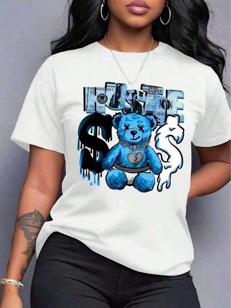1 Piece Casual Fashion For Men And Women Spring Clothes Women Light Blue Bear Pattern Printed T-Shirt - Short Sleeve Round Neck Casual Top With Effort Slogan And Dollar Sign Design, Machine Washable Suitable For All Seasons, Comfortable Loose Fit And Comfortable Summer Versatile Style, Easy To Match, Suitable For Daily Wear, Urban Style, Holiday Outfits, Weekend Outfits. - 白色 - 查看 1