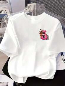 Plus Size Short Sleeve T-Shirts For Women, Ideal For Summer, Basic Everyday Tops, Printed Short Sleeve T-Shirt With Designs On The Front And Back - Money Bag Style, Hand-Drawn - Spring/Summer Printed T-Shirt For Women, Your Best Choice! Breathable And Comfortable. - 白色 - 查看 3