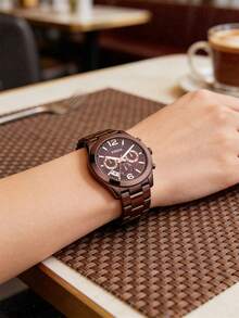 Brown Stainless Steel Three-Eye Multi-Function Day And Date Business Casual Quartz Watch Water-Resistant Women's ES4110 - Coffee Brown - View 3
