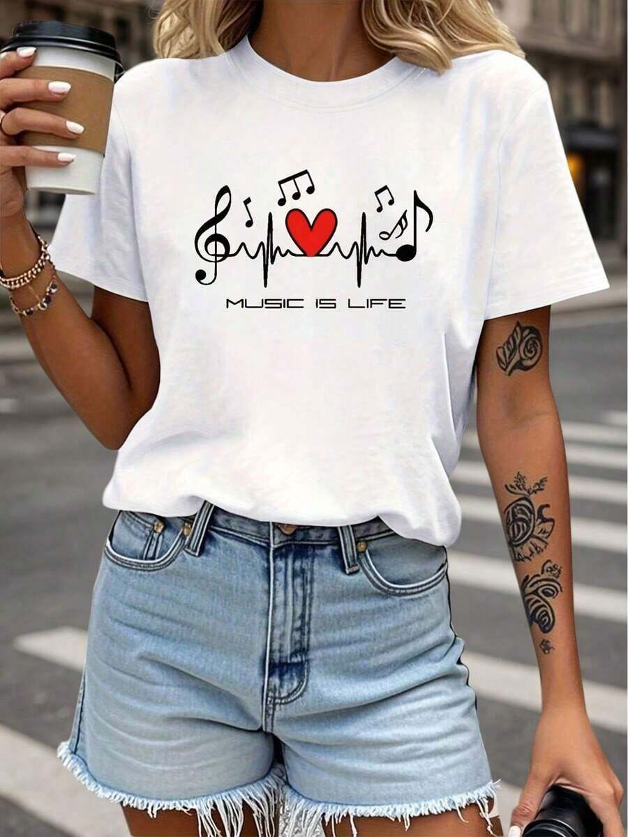 short sleevesCamiseta con la frase "LA MÚSICA ES VIDA" y diseño de corazón y nota musical, estampado artístico y relajante para amantes de la música, camiseta blanca de manga corta y cuello redondo - lavable a máquina, adecuada para primavera, verano y otoño, estilo casual, ajuste cómodo, diseño moderno, versátil para uso diario, tela suave, estilo a la moda. Adecuado como regalo. playera de mujer. blusas>elegantes. regalo del día de la madreLeisure - Blanco - Ver 1