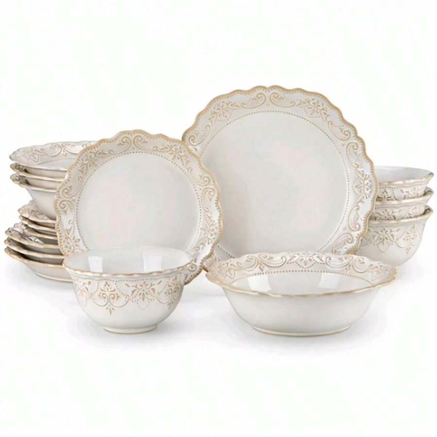 16-teiliges Keramik-Geschirrset, Elegantes Blau-Weißes Reliefdesign, Mikrowellen- und Backofenfest - Standard - Übersicht 1