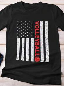 Camiseta de voleibol con la bandera estadounidense, estilo vintage. 220 g, algodón puro unisex. Peso ideal para todas las estaciones, apta para hombres y mujeres. Tejido duradero de alta calidad, suave al tacto y de larga duración. Transpirable. Adecuada para primavera y verano, vacaciones, Día de la Madre y Día de la Independencia. - Negro - Ver 1