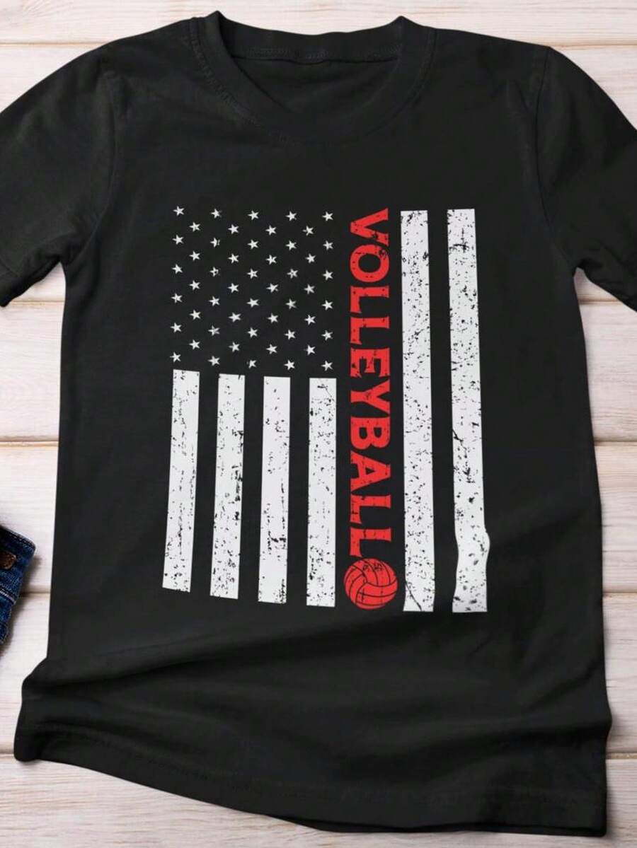 Camiseta de voleibol con la bandera estadounidense, estilo vintage. 220 g, algodón puro unisex. Peso ideal para todas las estaciones, apta para hombres y mujeres. Tejido duradero de alta calidad, suave al tacto y de larga duración. Transpirable. Adecuada para primavera y verano, vacaciones, Día de la Madre y Día de la Independencia. - Negro - Ver 1