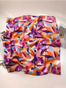 1pc | Shiny Faux Silk Fabric | Vibrant Floral Print Small Square Scarf | Fine Dense Hemming Craftsmanship | Neck Accessory, Bag Tie, Multi-Use Accessory | Vacation Style Spring/Summer Silk Scarf - Multicolor - View 2