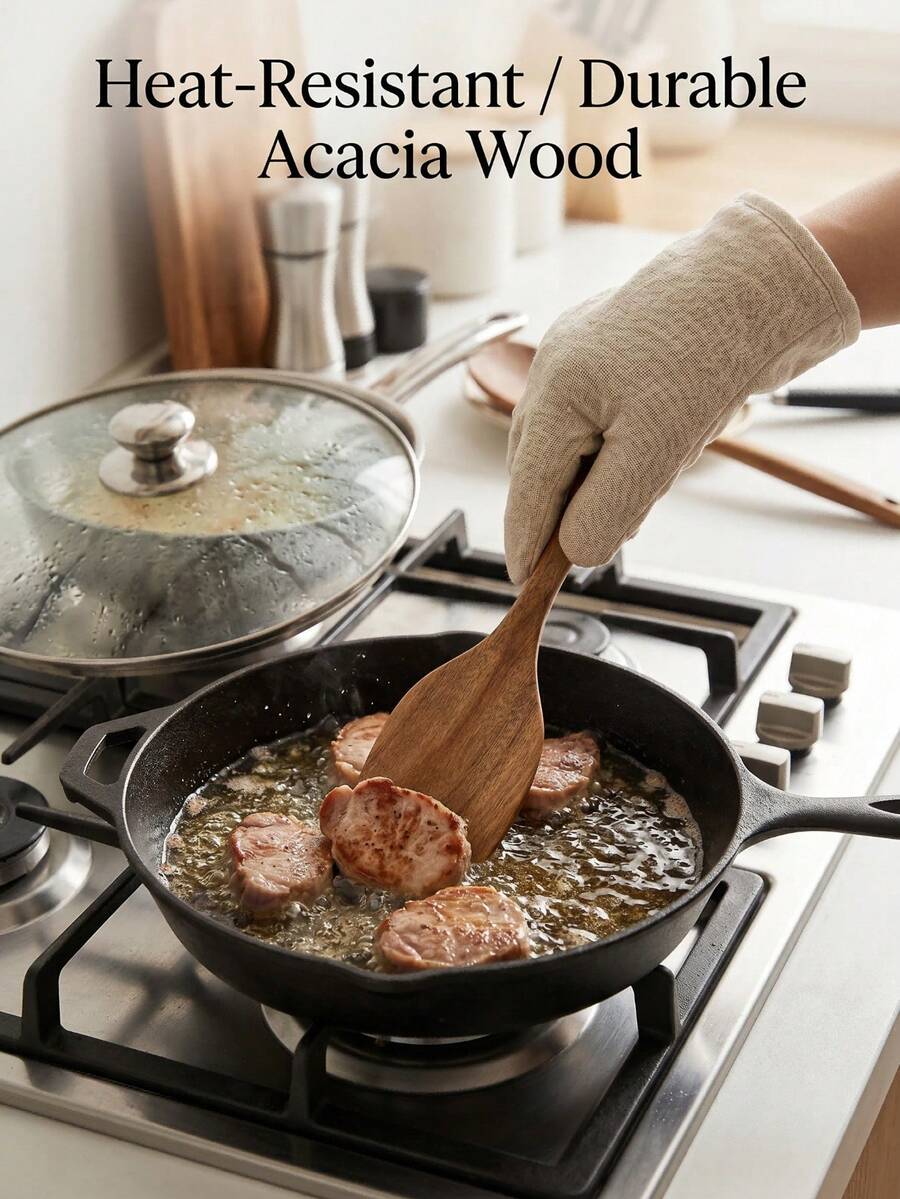 2pcs Wooden Cooking Utensils Set, Cooking Spoon, Non-Stick Coating, Heat Resistant, Ergonomic Design, Easy To Cook Steak, Pizza And Other Delicacies - Easy To Clean, Dishwasher , Kitchen Essential, Mixing Spoon For Cooking, Baking, Great Gift For Homemakers - Acacia - View 1