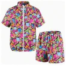 2pcs Set (T-Shirt + Shorts), Excluding Fashion Glasses, 80s Disco Style Sports Tee And Shorts, Retro Jogging Outfit - Hot Pink - View 9